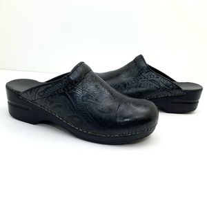 Dansko Professional Black Leather Tooled Mule Clogs